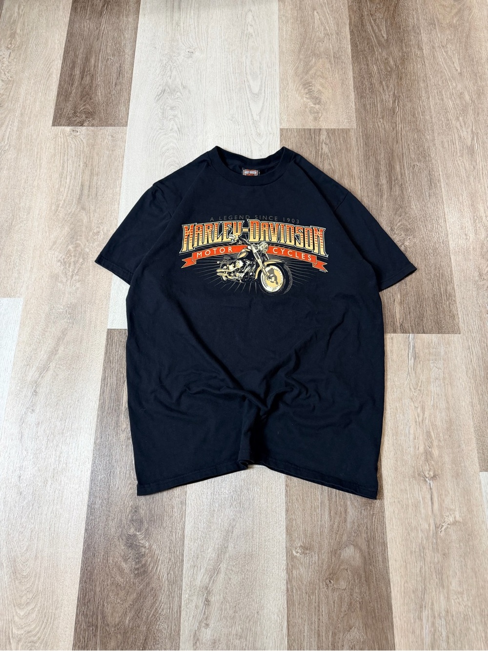 2000s Harley-Davidson Black Tee with Orange & Yellow Motorcycle Graphic